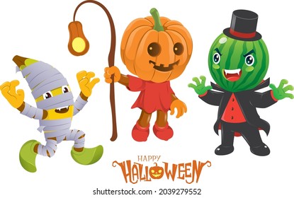 Cute Halloween characters with bright color. Mummy in a banana shape. Vampire in a watermelon shape and Jack o Lantern. Isolated on white. 