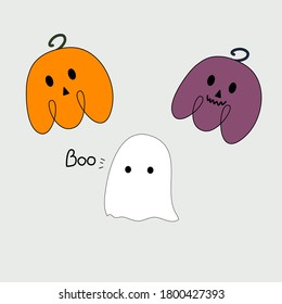 cute halloween characters in cartoon doodle style. pumpkins and a ghost saying boo. suitable for design of baby clothes and kids  halloween