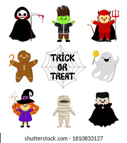 Cute Halloween characters in cartoon style. Set. Trick or treat. Vector clipart. Kawaii illustration. Children in festive costumes. For flyers, posters, invitations, cards. Isolated on white.