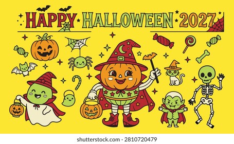 Cute Halloween Characters Collection with Pumpkin Witch and Skeleton on a Yellow Background