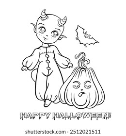 Cute Halloween Characters Coloring page in anime style: Little demon girl with her friends - bat and pumpkin.