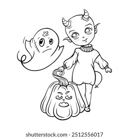 Cute Halloween Characters Coloring page in anime style: Little demon girl with her friends - ghost and pumpkin.