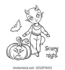 Cute Halloween Characters Coloring page in anime style: Little devil girl in autumn clothes with her friends - bat and pumpkin.