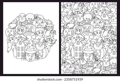 Cute Halloween characters coloring pages set in US Letter format with pumpkin, witch, kids in costumes and others. Spooky background collection. Vector illustration