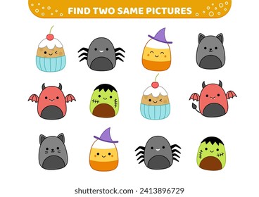 Personajes de Halloween. Encuentra dos fotos iguales. Juego educativo para niños con maíz dulce, gato negro, diablo, quequito, zombi. Ver dos imágenes idénticas. Caricatura, Kawaii. Ilustración de vectores aislados