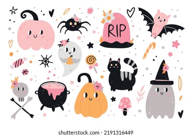 Cute Halloween characters. Funny pumpkin, spooky ghost, black cat and spider. Pink colors, childish prints and cards, party decoration collection. Vector cartoon flat isolated illustration set