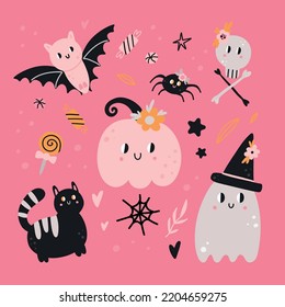 Cute Halloween characters. Funny pumpkin, spooky ghost, black cat and spider. Pink colors, childish prints and cards, party decoration collection. Vector cartoon flat style isolated illustration set