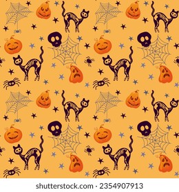 
personajes lindos de halloween dibujados a mano con un patrón impecable. Fondo con simples caracteres espeluznantes. ilustración vectorial