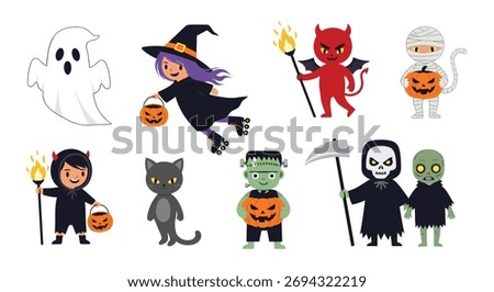 Cute Halloween characters including a ghost, witch, devil, mummy, cat, Frankenstein, grim reaper and zombie.