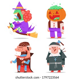 Cute Halloween characters in party costumes vector cartoon set isolated on a white background.