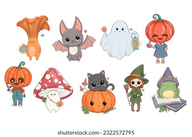 Cute Halloween characters set. Vector mushroom, ghost, bat, black cat, witch, pumpkin head, frog.