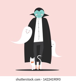 Cute halloween characters. Smiling Dracula vampire in stripped socks with white cat & little ghosts