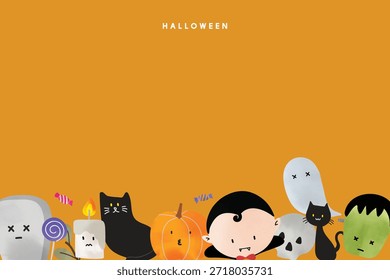 Personajes lindos de Halloween: vampiro, calabaza, fantasma, gato negro. Diversión de Halloween con personajes espeluznantes. Disfruta de Halloween con estas lindas figuras. Ilustración vectorial de fondo de Halloween.