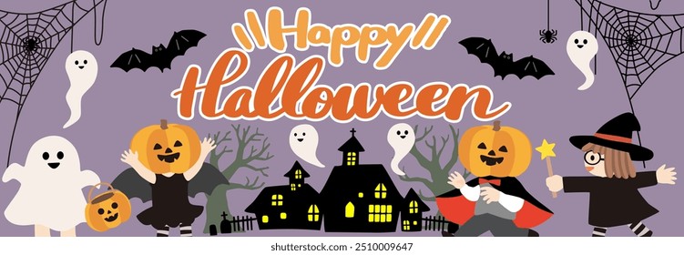 Cute halloween characters vector banner