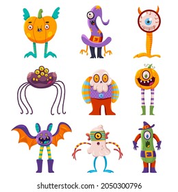 Cute Halloween characters vector cartoon set isolated on a white background.