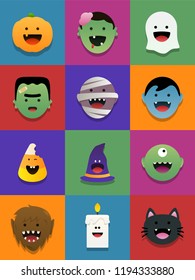 Cute Halloween Characters Vector Icon Set