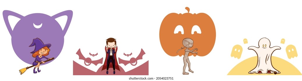 Cute Halloween Characters : witch, vampire, mummy and ghost. Kids in halloween costume, cartoon style