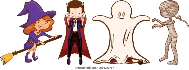 Cute Halloween Characters : witch, vampire, mummy and ghost. Kids in halloween costume, cartoon style