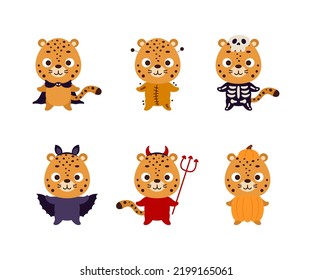 Cute Halloween cheetah set. Cartoon animal character collection for kids t-shirts, nursery decoration, baby shower, greeting card, invitation. Vector stock illustration