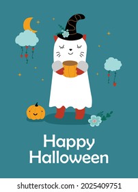 Cute halloween, childish character cat in ghost costume with funny pumpkin and clouds. Vector illustration in flat style.