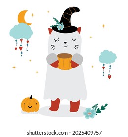 Cute halloween, childish character cat in ghost costume with funny pumpkin and clouds. Vector illustration in flat style.