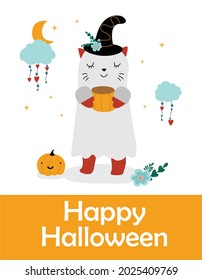 Cute halloween, childish character cat in ghost costume with funny pumpkin and clouds. Vector illustration in flat style.
