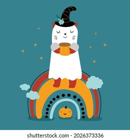 Cute halloween, childish character cat in ghost costume with funny pumpkin, rainbow and clouds. Vector illustration in flat style.