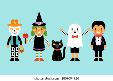 Cute Halloween children in costumes character set. Greeting card design. Flat style cartoon illustration