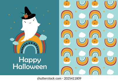 Cute halloween, children's character ghost in a witch's hat on a rainbow background and a cheerful pumpkin pattern with clouds and moon. Set of vector illustrations in flat style