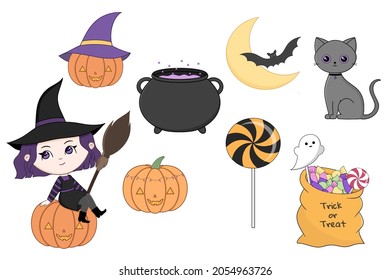 Cute halloween clipart: bag of sweets, 2 pumpkins, 3 cute ghosts,little witch, candy, pot with potion, black cat and bat
