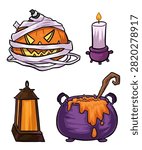 Cute Halloween Clipart Set with Mummy Pumpkin, Magic Cauldron, Lantern and Candle