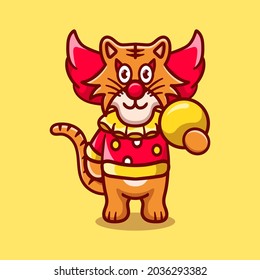 cute halloween clown tiger carrying ball, suitable for icon or dress design about cute animal halloween