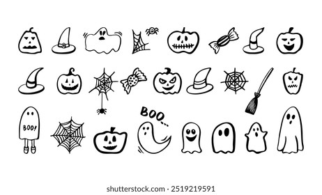 Cute Halloween collection with ghost, pumpkin and spooky doodle clipart. Hand drawn illustration.