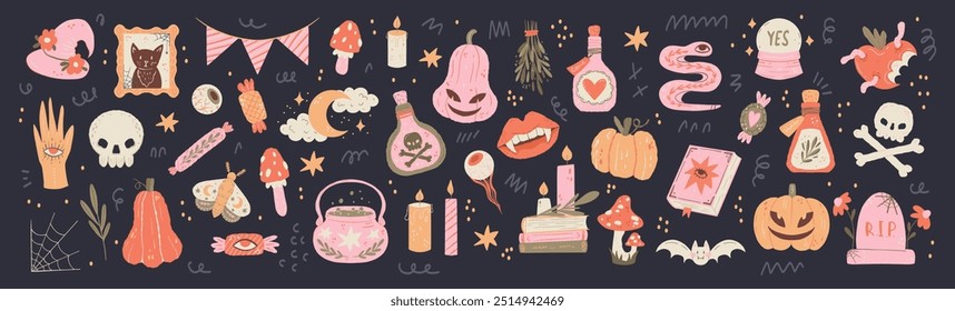 Cute Halloween collection of Spooky Pumpkins, Candies, Skulls, Witch Cauldron, Potions, and Witchcraft elements. Autumn Aesthetic Stickers for planners, invitations, and scrapbooking collages