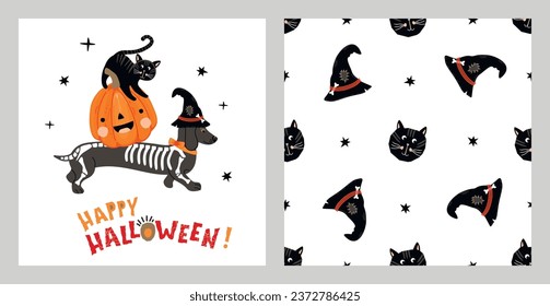 Cute Halloween collection.Cartoon print with  dachshund dog in a skeleton costume, pumpkin and  black cat.Funny seamless pattern with cat head and witch hat.Vector set for nursery decor for kids.