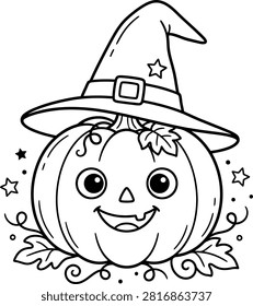 A cute Halloween coloer page featuring a smiling jack-o'-lantern pumpkin wearing a witch hat, surrounded by stars and autumn leaves, designed for children to color and enjoy during October.