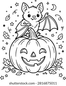 A cute Halloween coloer page featuring a friendly cartoon bat perched on top of a smiling jack-o'-lantern pumpkin, surrounded by stars, leaves, and a crescent moon for kids.