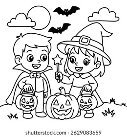 Cute Halloween coloring page with a boy in vampire costume and a girl dressed as a witch, holding pumpkin lanterns. Fun line art for kids with bats, pumpkins, and a full moon.