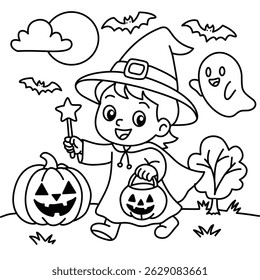 Cute Halloween coloring page with a boy in vampire costume and a girl dressed as a witch, holding pumpkin lanterns. Fun line art for kids with bats, pumpkins, and a full moon.