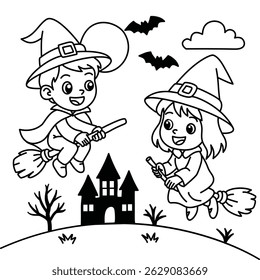 Cute Halloween coloring page with a boy in vampire costume and a girl dressed as a witch, holding pumpkin lanterns. Fun line art for kids with bats, pumpkins, and a full moon.