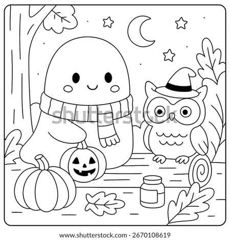 a cute halloween coloring page featuring a ghost owl pumpkins stars moon and other halloween elements