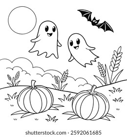 Cute Halloween Coloring Page with Happy Ghosts, Pumpkins, and a Flying Bat in a Spooky Autumn Field