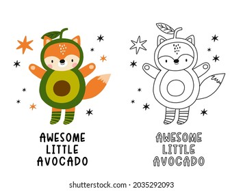 Cute Halloween coloring page for kids. Vector illustrations awesome animals in halloween costumes. Cute cartoon fox -  in halloween costumes avocado