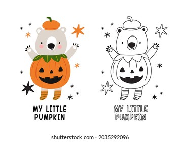 Cute Halloween coloring page for kids. Vector illustrations awesome animals in halloween costumes. Cute cartoon bear -  in halloween costumes pumpkin