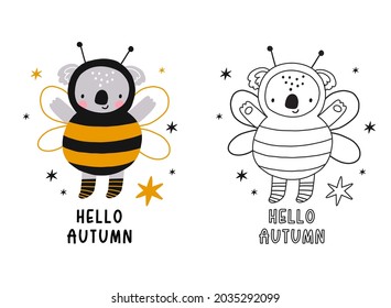 Cute Halloween coloring page for kids. Vector illustrations awesome animals in halloween costumes. Cute cartoon koala -  in halloween costumes bee