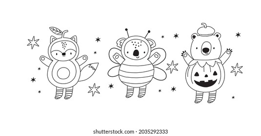 Cute Halloween coloring page for kids. Vector illustrations awesome animals - bear, koala, fox in halloween costumes. 