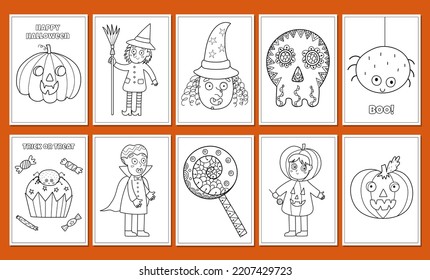 Cute Halloween coloring pages bundle. Cute spooky characters prints set with pumpkin, witch spider for coloring book in US Letter format. Vector illustration