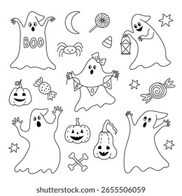 Cute halloween coloring set of ghosts, spider and pumpkins.