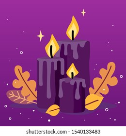 Cute Halloween composition. Isolated magic candles, autumn leaves. Wax candle is symbol of witchcraft, ritual and mystery. It is used by witches in their magical affairs. Deep purple orange palette
