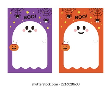 Cute Halloween concept card border frame design. Background design with ghost character and spider holding a basket of pumpkins and stars.